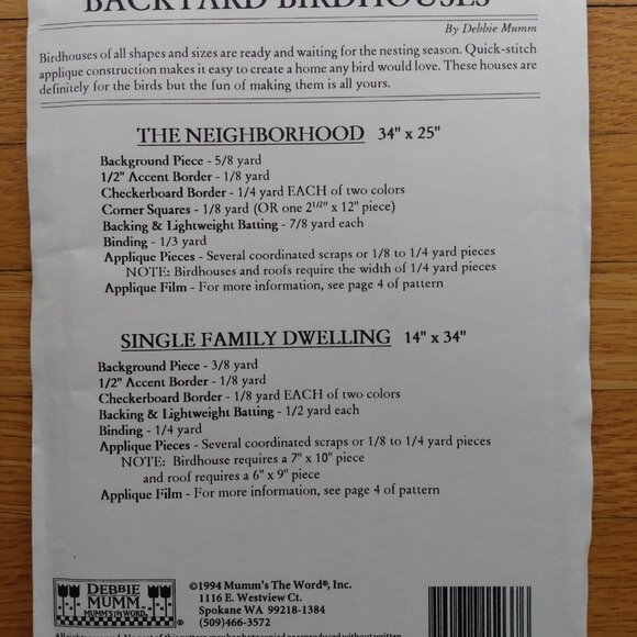 Vintage 90s Birdhouse Quilt Sewing Pattern Wallhanging "Backyard Birdhouses" Deb - Picture 4 of 5